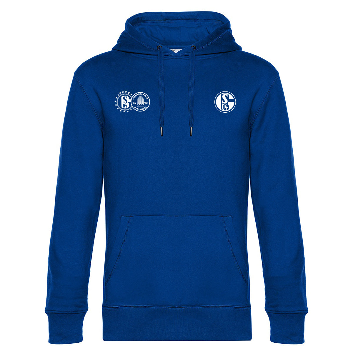 Königsblauer Hoodie mit Kapuze und Kängurutasche. Auf der linken Brustseite das runde SFCV-Logo sowie daneben das runde Fanclub-Logo mit der Aufschrift Schalke-Fan-Club Monasteria. Rechts auf der Brust das Schalke-04-Vereinslogo in Weiß.