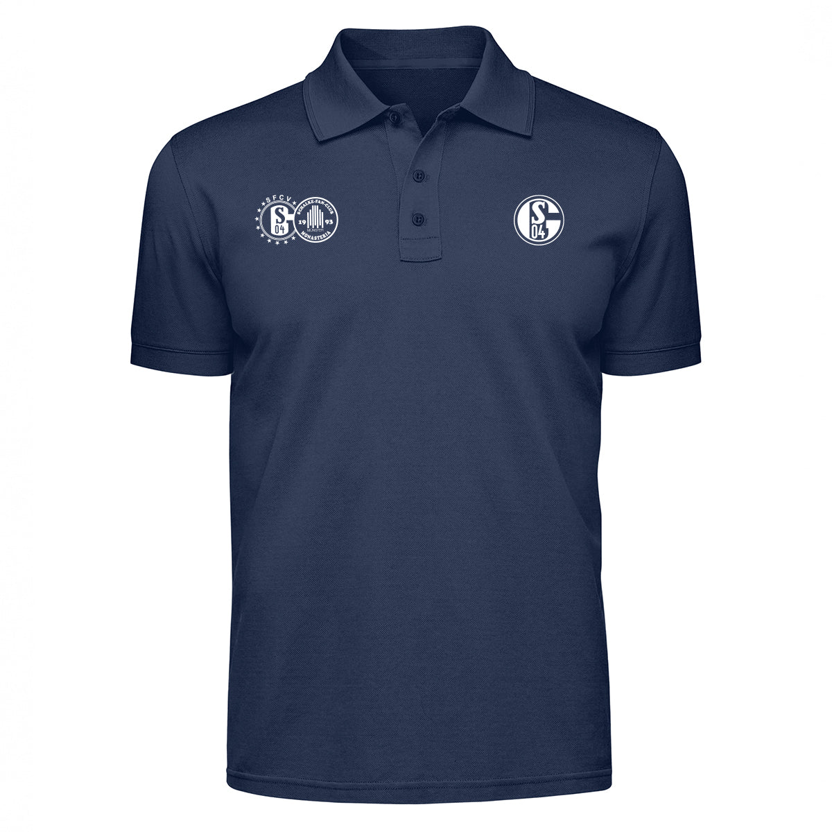 Dunkelblaues Polo-Shirt mit Kragen und Knopfleiste. Auf der linken Brustseite das runde SFCV-Logo sowie daneben das runde Fanclub-Logo mit der Aufschrift Schalke-Fan-Club Monasteria. Rechts auf der Brust das Schalke-04-Vereinslogo in Weiß.