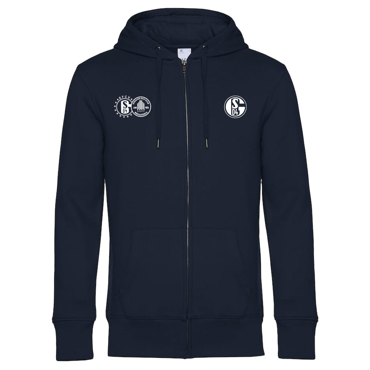 Dunkelblauer Zip-Hoodie mit Kapuze und Reißverschluss. Auf der linken Brustseite das runde SFCV-Logo sowie daneben das runde Fanclub-Logo mit der Aufschrift Schalke-Fan-Club Monasteria. Rechts auf der Brust das Schalke-04-Vereinslogo in Weiß.