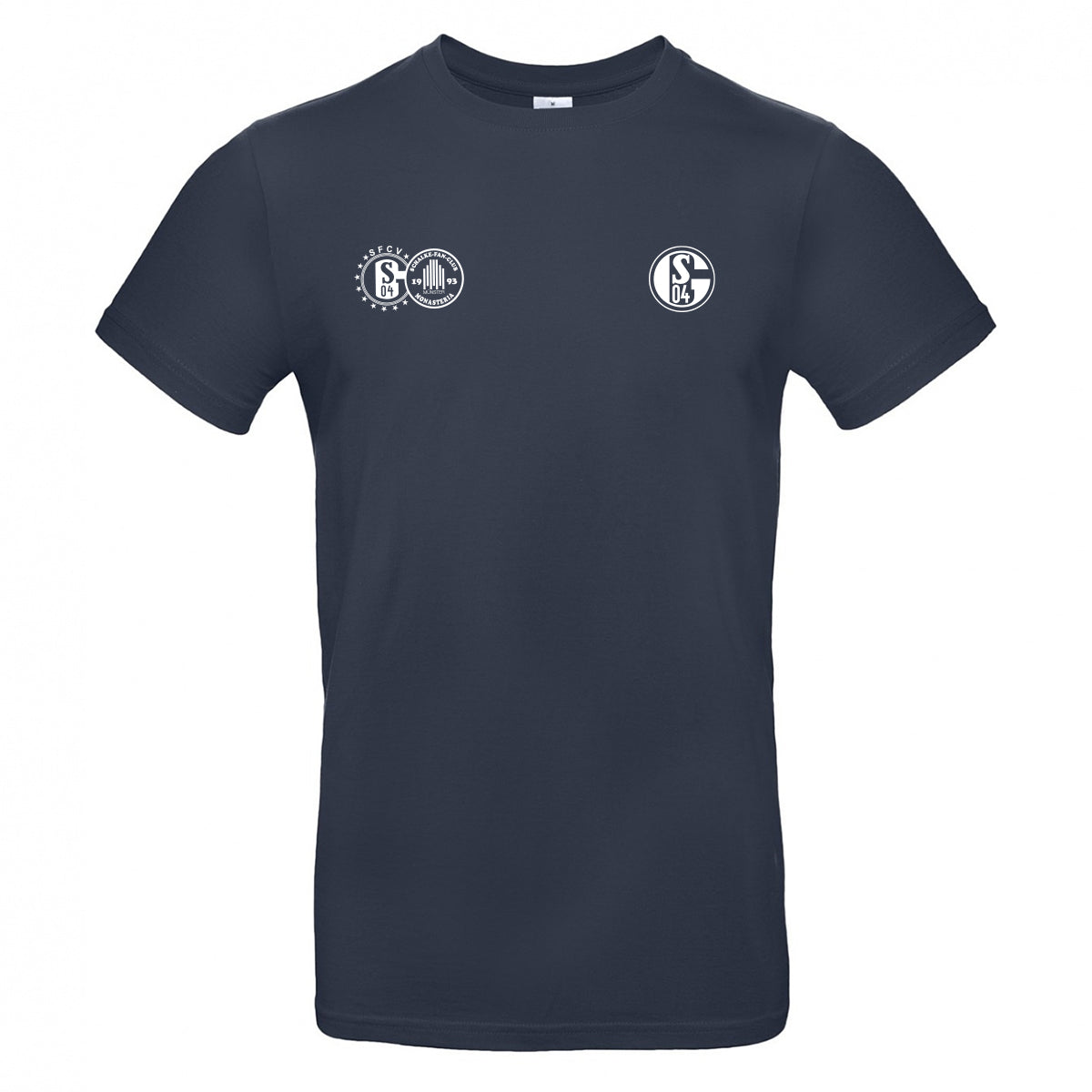 Dunkelblaues T-Shirt mit Rundhals. Auf der linken Brustseite das runde SFCV-Logo sowie daneben das runde Fanclub-Logo mit der Aufschrift Schalke-Fan-Club Monasteria. Rechts auf der Brust das Schalke-04-Vereinslogo in Weiß.