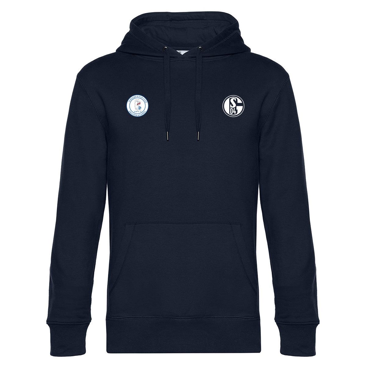 Dunkelblauer Kapuzenpullover mit Kängurutasche. Rechts auf der Brust das Vereinslogo des FC Schalke 04. Links ein rundes Logo mit der Aufschrift „Schalke Fanclub Ergster Knappen“.