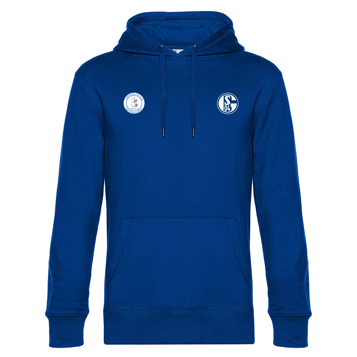 Königsblauer Kapuzenpullover mit Kängurutasche. Rechts auf der Brust das Vereinslogo des FC Schalke 04. Links ein rundes Logo mit der Aufschrift „Schalke Fanclub Ergster Knappen“.