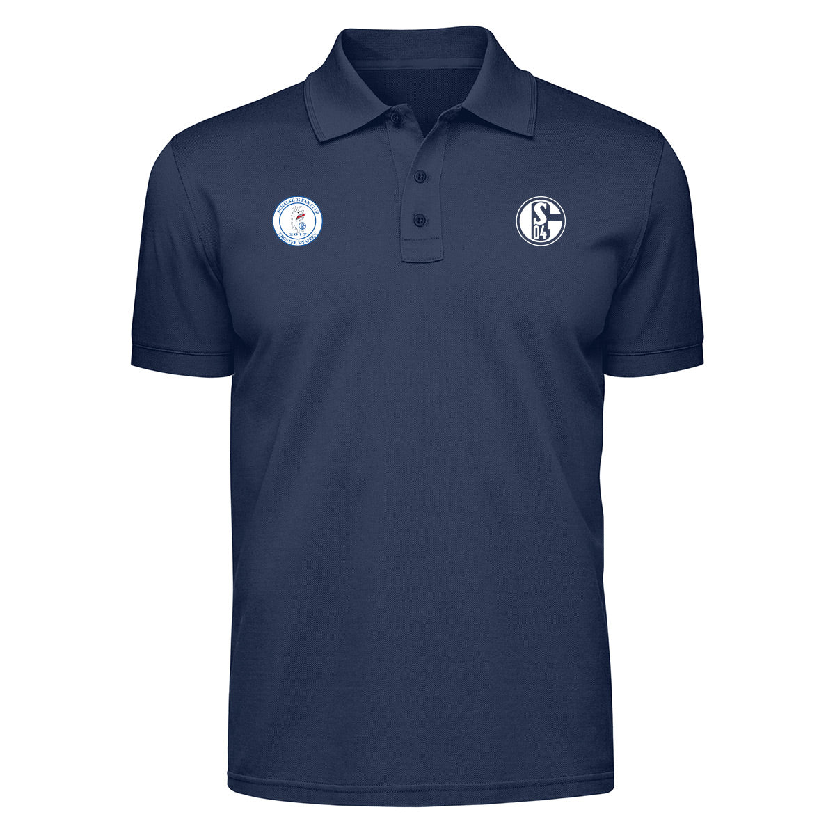 Dunkelblaues Polo-Shirt mit Knopfleiste. Auf der rechten Brust das Vereinslogo des FC Schalke 04. Links ein rundes Logo mit der Aufschrift „Schalke Fanclub Ergster Knappen“.
