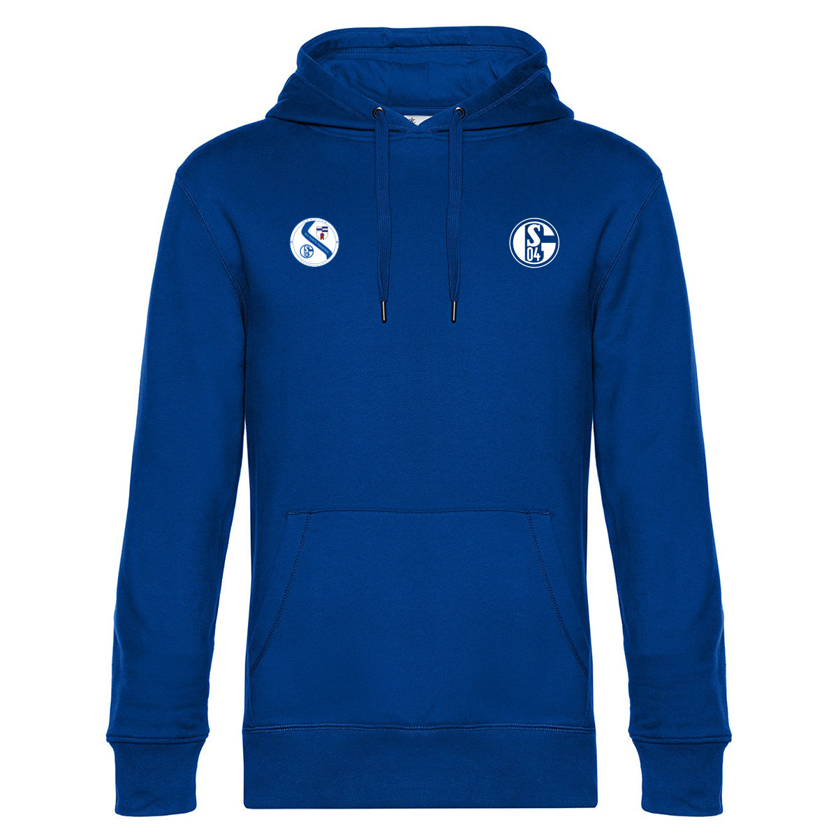 Hoodie in Königsblau mit Kängurutasche, auf der Brust links ein rundes Fanclub-Logo mit der Aufschrift Hunter Knappen und Schalke-Emblem, daneben ein weiteres grafisches Logo, rechts das Schalke 04 Vereinswappen.