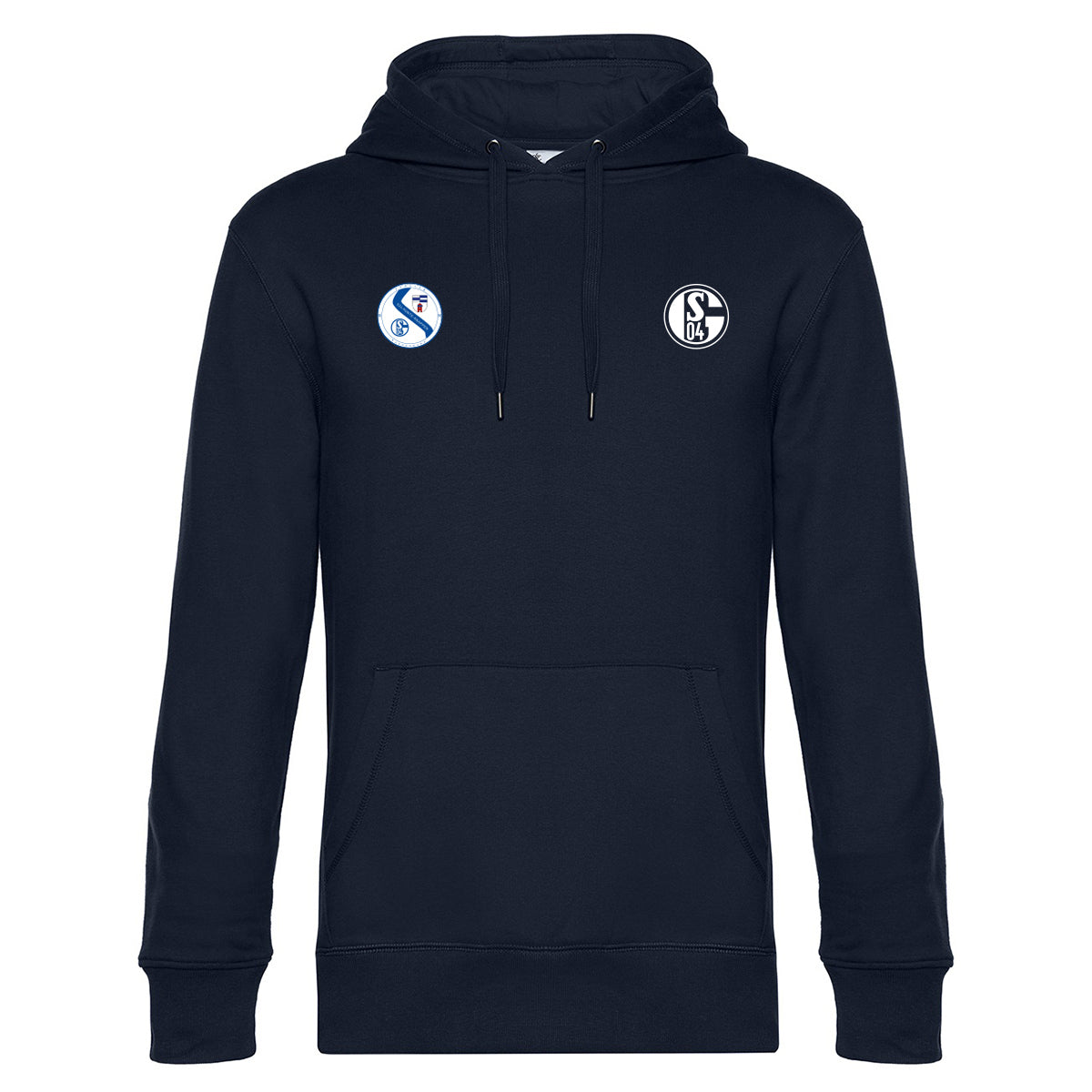 Hoodie in Dunkelblau mit Kängurutasche, auf der Brust links ein rundes Fanclub-Logo mit der Aufschrift Hunter Knappen und Schalke-Emblem, daneben ein weiteres grafisches Logo, rechts das Schalke 04 Vereinswappen.
