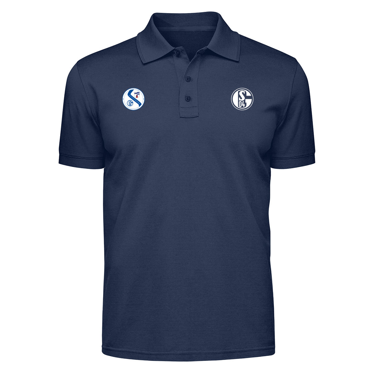 Polo-Shirt in Dunkelblau mit zwei Brustlogos: links ein rundes Fanclub-Logo mit der Aufschrift Hunter Knappen und Schalke-Emblem, daneben ein weiteres grafisches Logo, rechts das Schalke 04 Vereinswappen.