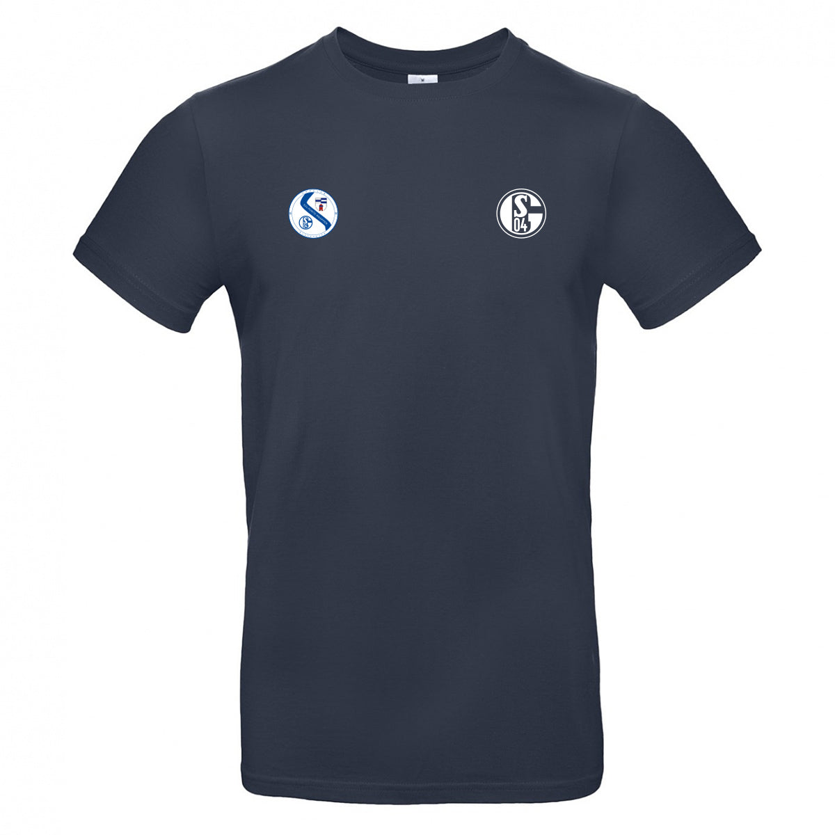 T-Shirt in Dunkelblau mit zwei Brustlogos: links ein rundes Fanclub-Logo mit der Aufschrift Hunter Knappen und Schalke-Emblem, daneben ein weiteres grafisches Logo, rechts das Schalke 04 Vereinswappen.