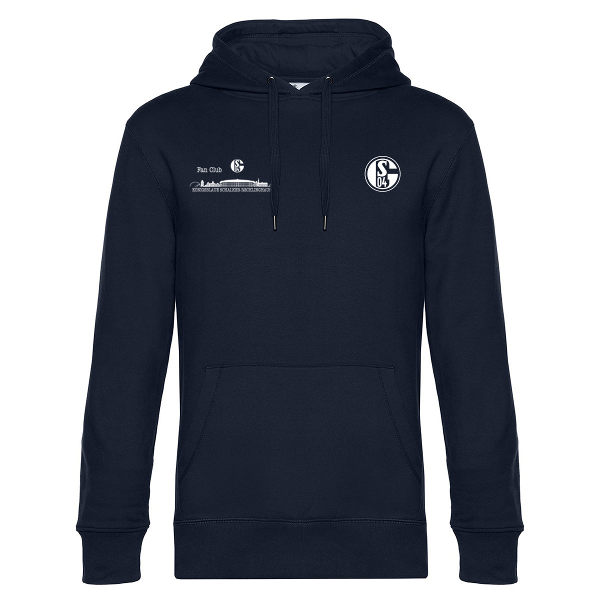 Dunkelblauer Hoodie mit Kängurutasche und weißem S04-Logo auf der rechten Brust. Links auf der Brust der Schriftzug „Fan Club“ mit Schalke-Logo sowie darunter der Text „Königsblaue Schalker Recklinghausen“ vor einer stilisierten Skyline.