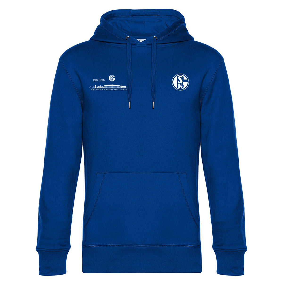 Königsblauer Hoodie mit Kängurutasche und weißem S04-Logo auf der rechten Brust. Links auf der Brust der Schriftzug „Fan Club“ mit Schalke-Logo sowie darunter der Text „Königsblaue Schalker Recklinghausen“ vor einer stilisierten Skyline.