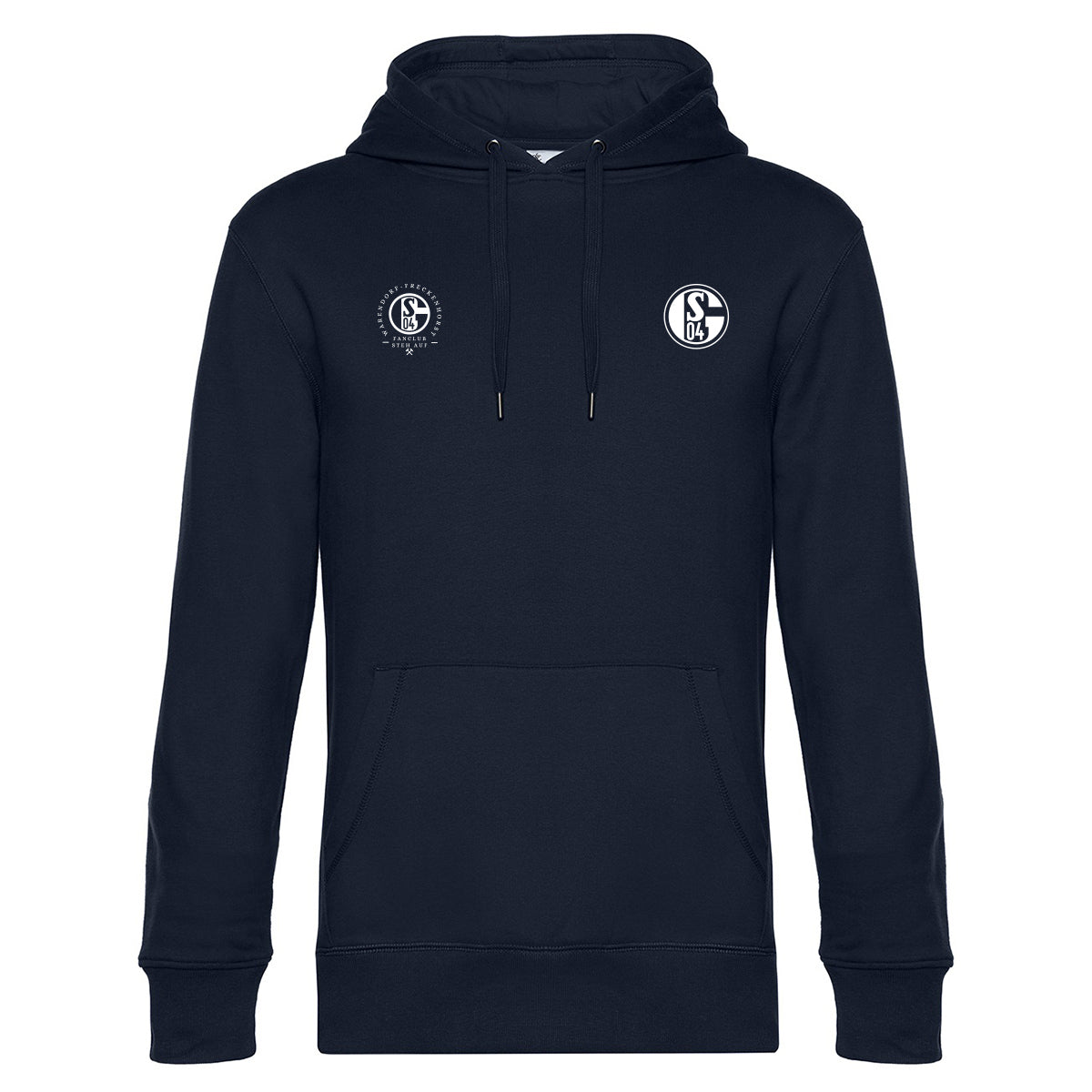 Dunkelblauer Hoodie mit Kapuze und Kängurutasche. Links auf der Brust befindet sich ein rundes Fanclub-Logo mit der Aufschrift „Fanclub Steh Auf“ und „Warendorf-Freckenhorst“. Rechts daneben ist das Vereinslogo des FC Schalke 04 in Weiß zu sehen.