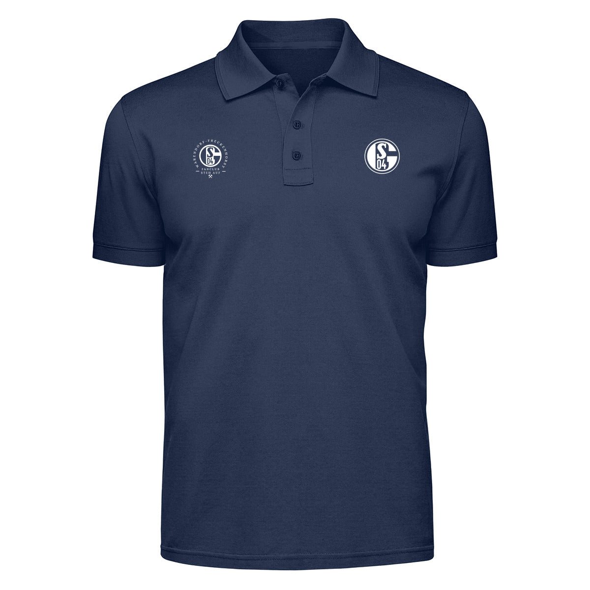 Dunkelblaues Polo-Shirt mit Knopfleiste. Links auf der Brust ein rundes Fanclub-Logo mit dem Schriftzug „Fanclub Steh Auf“ und „Warendorf-Freckenhorst“. Rechts daneben das Vereinslogo des FC Schalke 04.