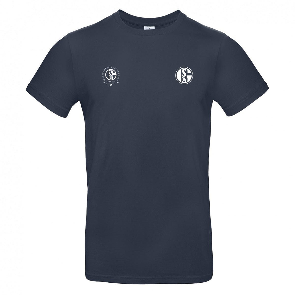 Dunkelblaues T-Shirt. Links auf der Brust ist ein rundes Fanclub-Logo mit der Aufschrift „Fanclub Steh Auf“ und „Warendorf-Freckenhorst“ zu sehen, rechts daneben das Vereinslogo des FC Schalke 04 in Weiß.