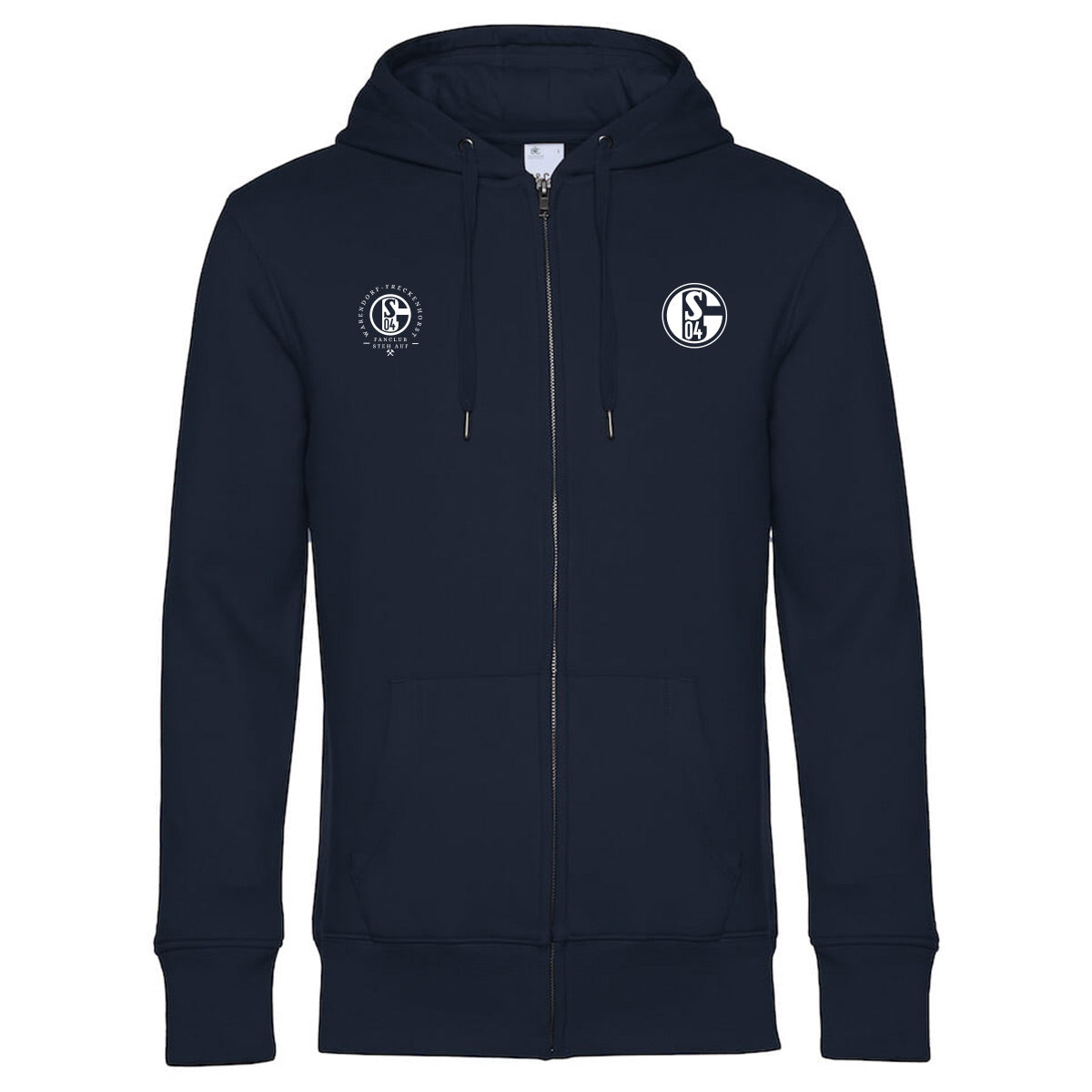 Dunkelblauer Zip-Hoodie mit Kapuze und Kängurutasche. Auf der linken Brust ein rundes Fanclub-Logo mit dem Schriftzug „Fanclub Steh Auf“ und „Warendorf-Freckenhorst“. Auf der rechten Brust ist das Vereinslogo des FC Schalke 04 in Weiß abgebildet.