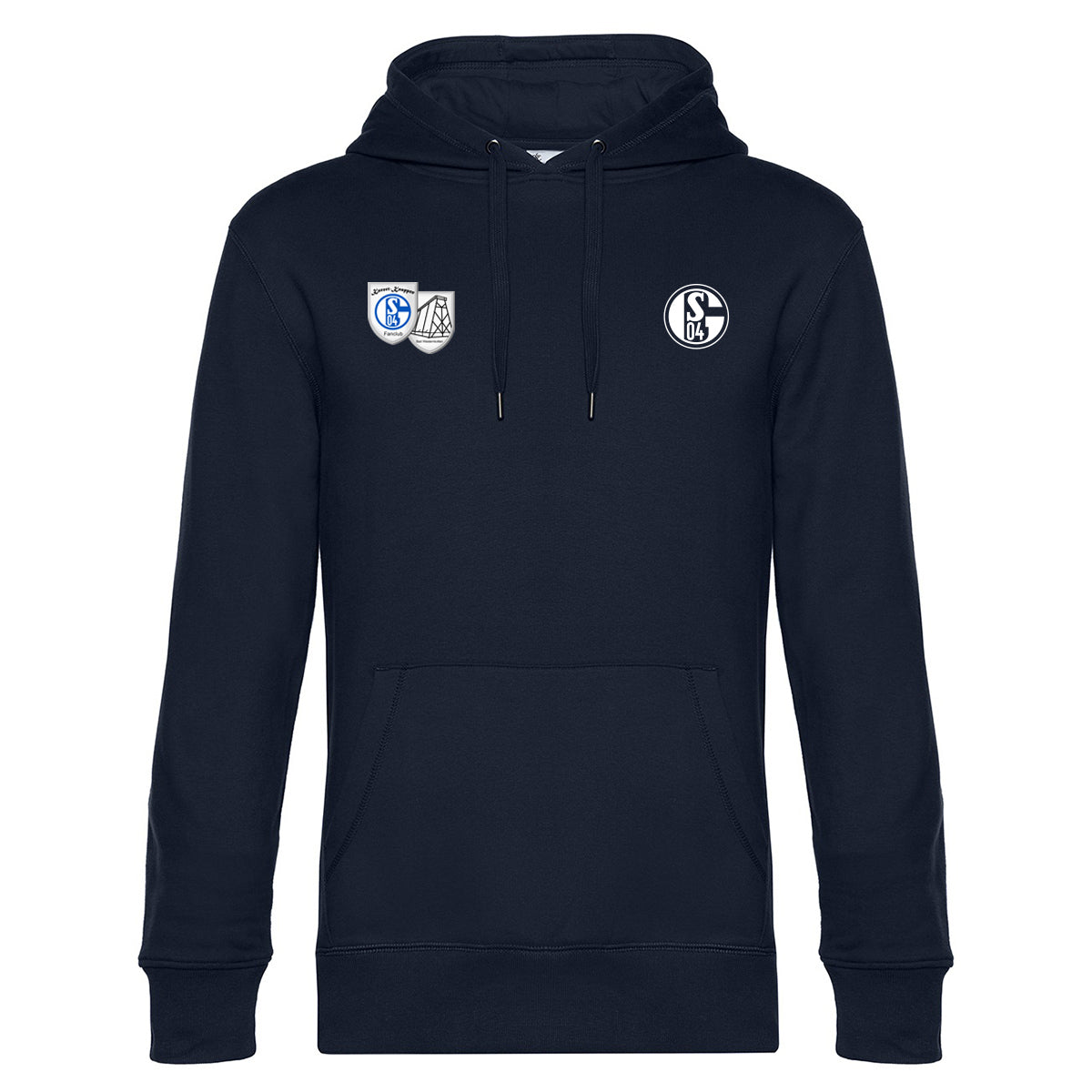 Dunkelblauer Hoodie mit Kängurutasche und Kapuze. Links auf der Brust das Schalke-Logo, rechts daneben zwei Wappen: Schalke-Logo mit „Kurort Knappen“ und Förderturm-Symbol.
