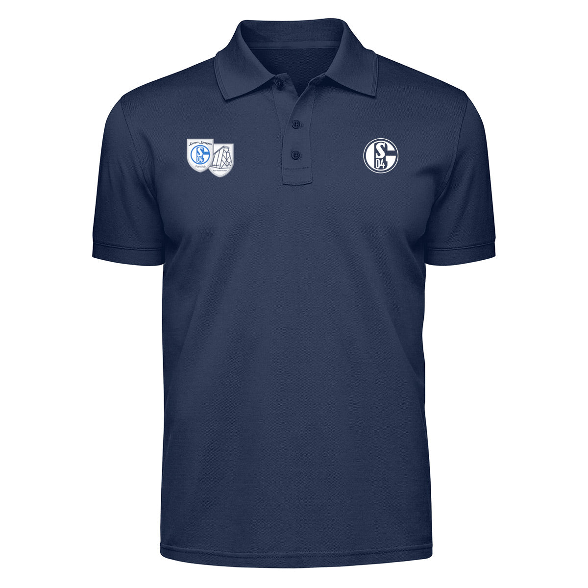 Dunkelblaues Poloshirt mit klassischem Kragen und Knopfleiste. Auf der linken Brustseite ist das FC-Schalke-Logo angebracht. Rechts daneben befinden sich zwei nebeneinanderliegende Wappen: links das runde Schalke-Logo mit der Aufschrift „Kurort Knappen“, rechts ein grafisches Symbol eines Förderturms.