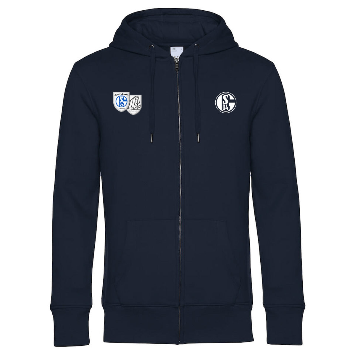 Dunkelblauer Zip-Hoodie mit Reißverschluss und Kapuze. Links auf der Brust das Schalke-Logo, rechts daneben die beiden Wappen: Schalke-Logo mit „Kurort Knappen“ und Förderturm-Symbol.