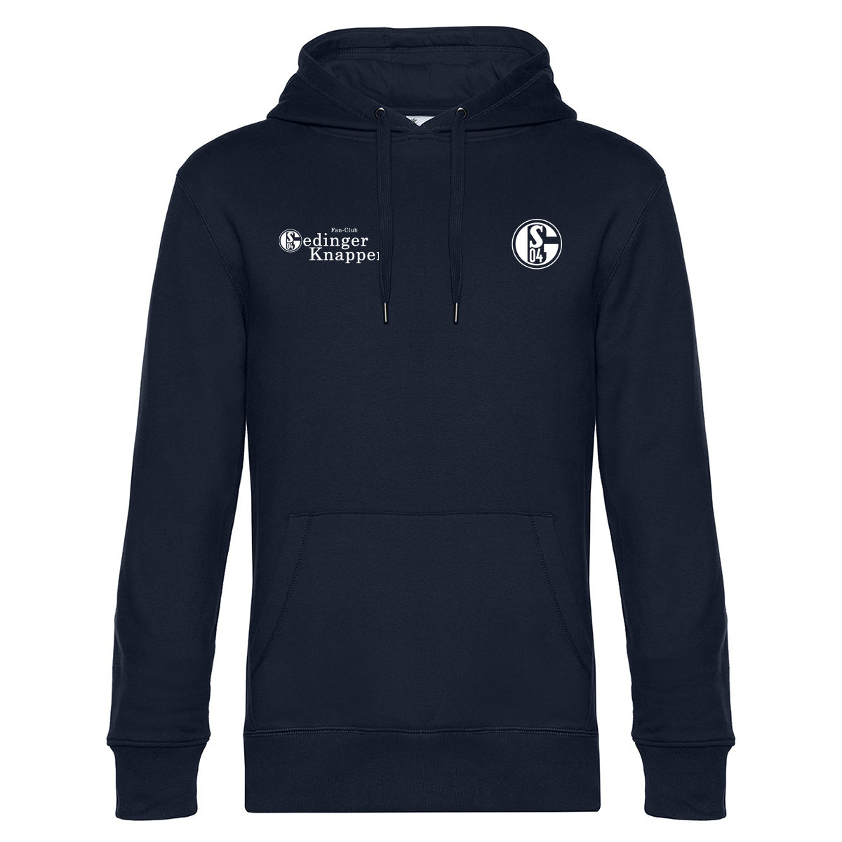 Dunkelblauer Kapuzenpullover mit Kängurutasche und Kordelzug. Auf der rechten Brust das Schalke-Logo ‚S04‘, links daneben der Schriftzug ‚Fan-Club Oedinger Knappen‘, wobei das ‚O‘ durch das Schalke-Logo dargestellt ist.