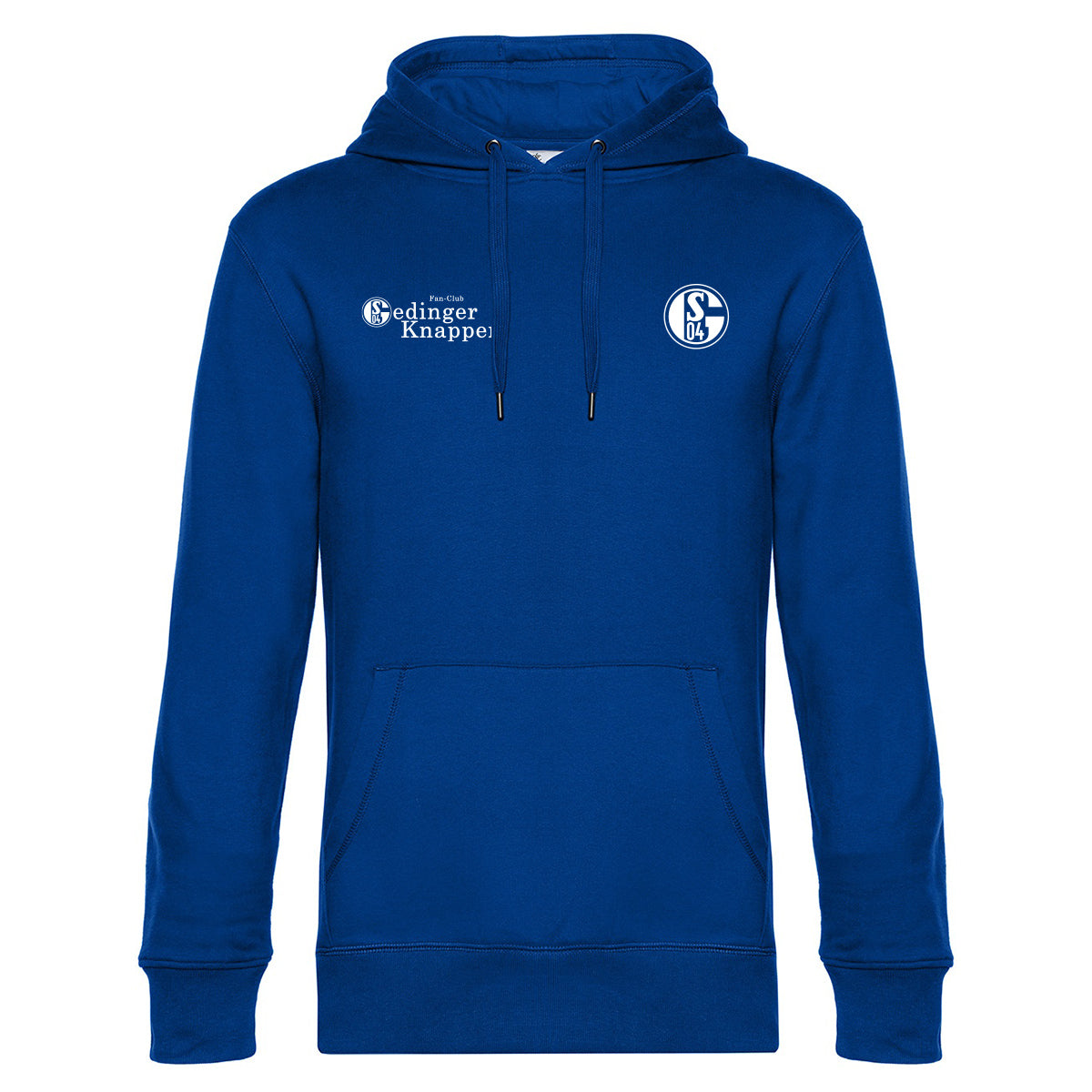 Königsblauer Kapuzenpullover mit Kängurutasche und Kordelzug. Rechts auf der Brust das Schalke-Logo ‚S04‘, links daneben der Schriftzug ‚Fan-Club Oedinger Knappen‘, wobei das ‚O‘ durch das Schalke-Logo ersetzt ist.