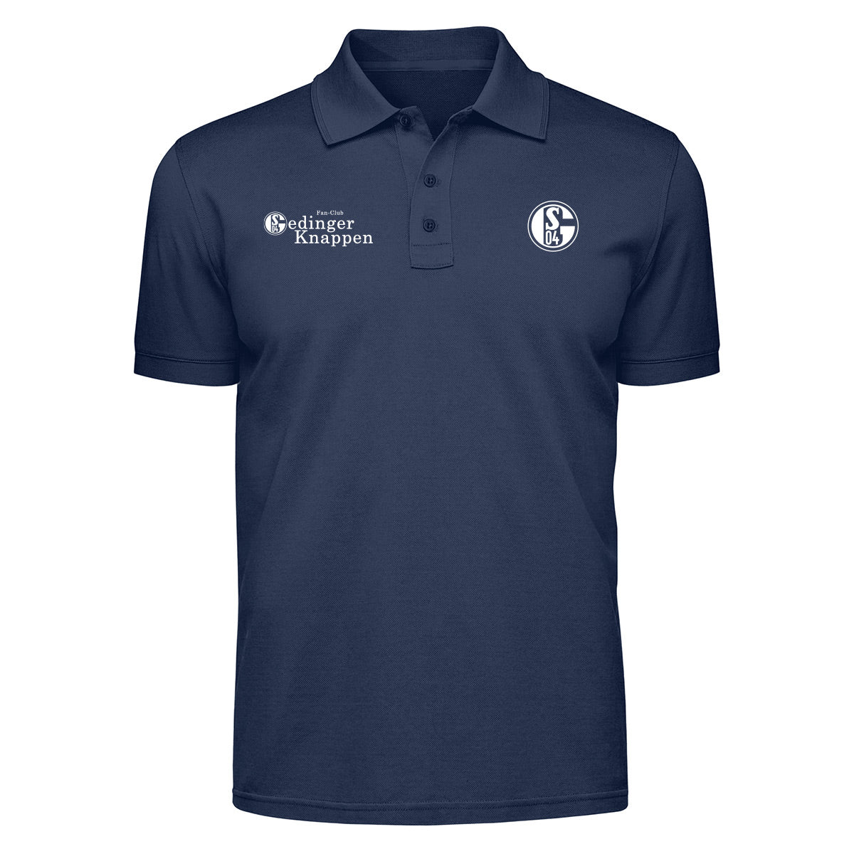 Dunkelblaues Poloshirt mit Kragen und Knopfleiste. Rechts das Vereinslogo ‚S04‘, links daneben der Schriftzug ‚Fan-Club Oedinger Knappen‘, wobei das ‚O‘ durch das Schalke-Logo ersetzt ist.
