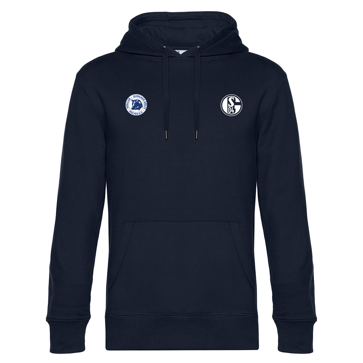 Dunkelblauer Kapuzenpullover mit Kängurutasche und Kordelzug. Auf der rechten Brust das Vereinslogo ‚S04‘, links daneben ein rundes Emblem mit Wolfskopf und Schriftzug ‚Schalker Wölfe Wulfen e.V.‘