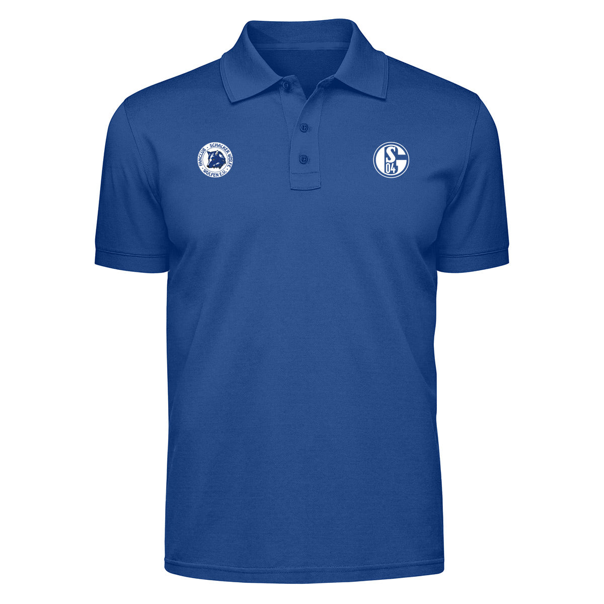 Königsblaues Poloshirt mit Kragen und Knopfleiste. Rechts auf der Brust das Schalke-Logo ‚S04‘, links daneben ein rundes Emblem mit Wolfskopf und dem Schriftzug ‚Schalker Wölfe Wulfen e.V.‘