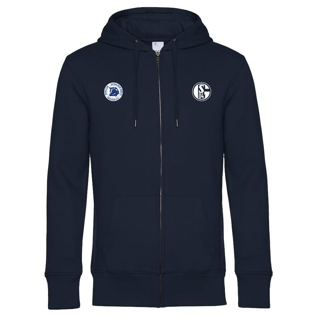 Dunkelblauer Zip-Hoodie mit Reißverschluss, Kängurutaschen und Kordelzug. Rechts auf der Brust das Schalke-Logo ‚S04‘, links daneben ein rundes Fanclub-Emblem mit Wolfskopf und Schriftzug ‚Schalker Wölfe Wulfen e.V.‘