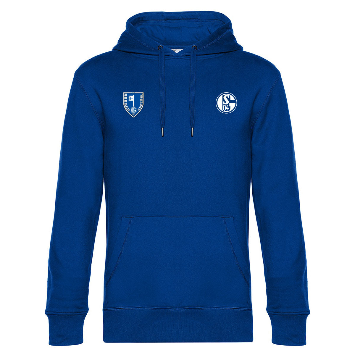 Königsblauer Kapuzenpullover mit Kängurutasche und Kordelzug. Auf der rechten Brust das Schalke-Logo ‚S04‘. Links daneben ein Wappen-Logo mit der Aufschrift ‚Reeser Kreisel‘.