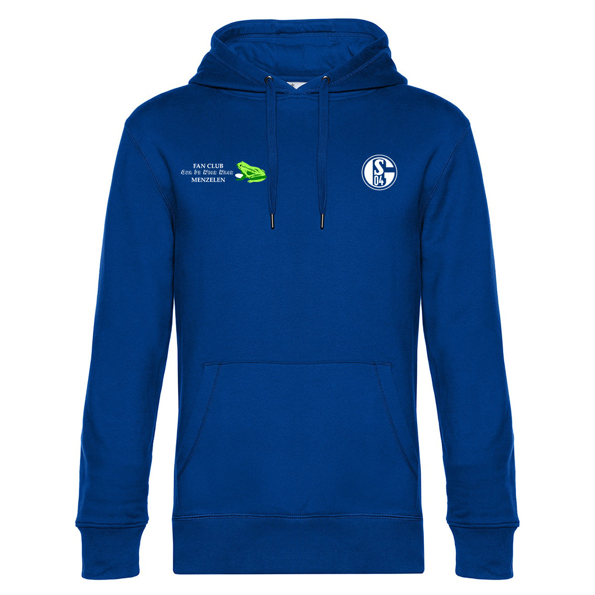 Kapuzenpullover mit Kängurutasche und Kordelzug an der Kapuze. Auf der linken Brust befindet sich ein rundes Vereinslogo mit der Aufschrift ‚S04‘. Links daneben steht der weiße Schriftzug ‚Fanclub QUA DE WICK WACK Menzelen‘ mit einer grünen Frosch-Grafik.