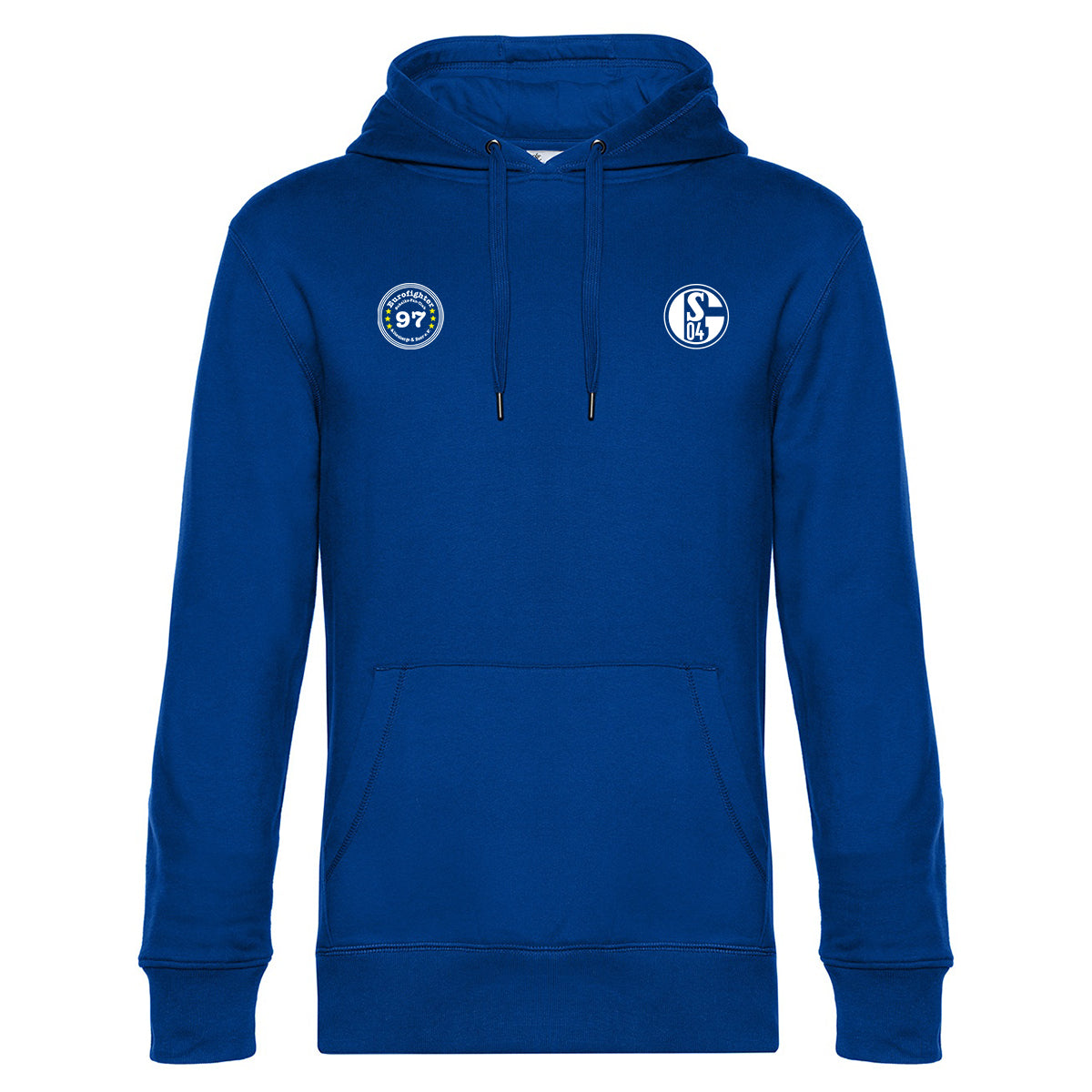 Königsblauer Hoodie mit Schalke 04-Logo auf der rechten Brustseite und rundem Fanclub-Logo „Eurofighter 97“ in Blau-Weiß auf der linken Brustseite, Kapuze mit Kordeln und Kängurutasche.