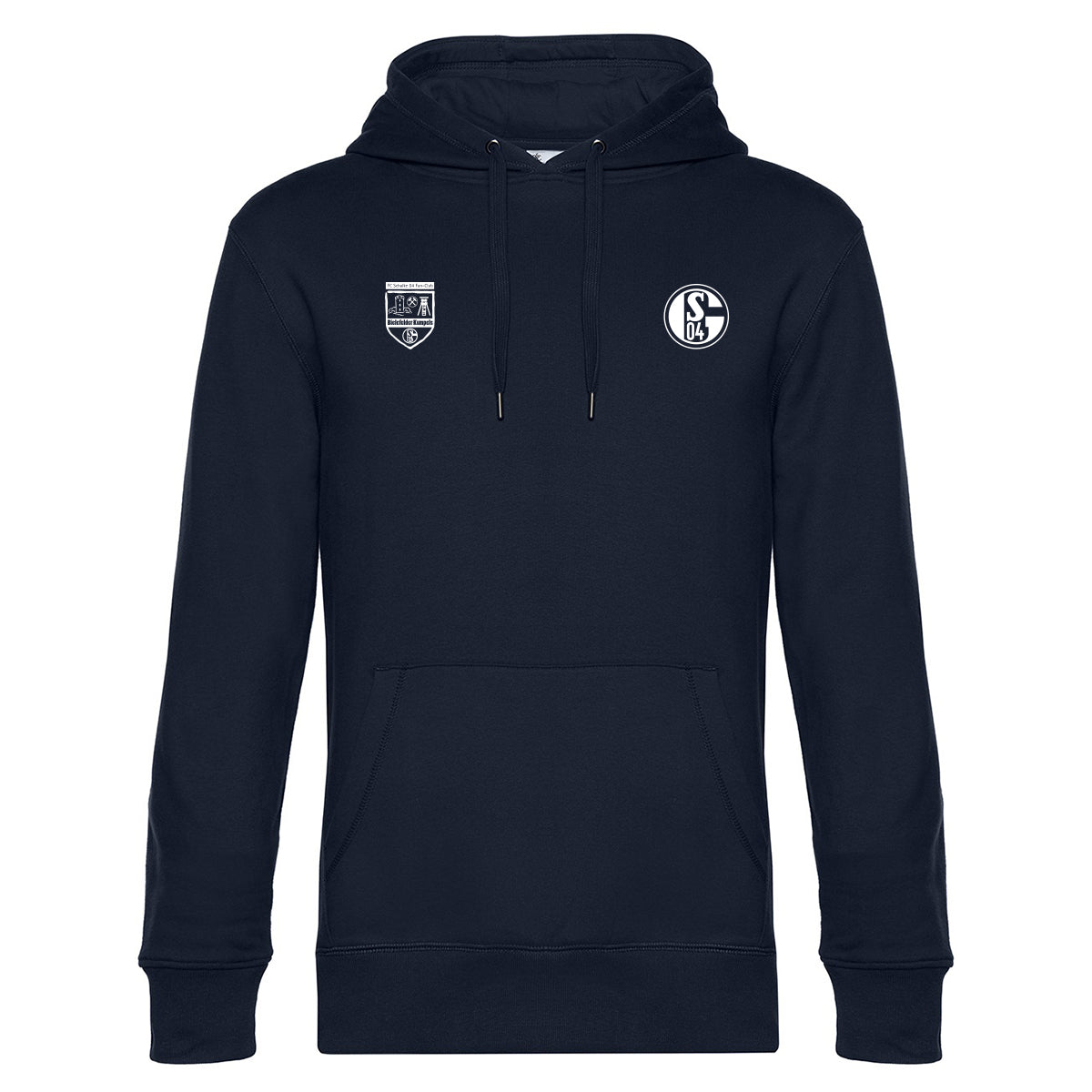 Dunkelblauer Kapuzenpullover mit Kängurutasche und Kordelzug. Rechts auf der Brust das Vereinslogo ‚S04‘. Links daneben ein Wappen-Logo mit der Aufschrift ‚Bielefelder Kumpels‘.