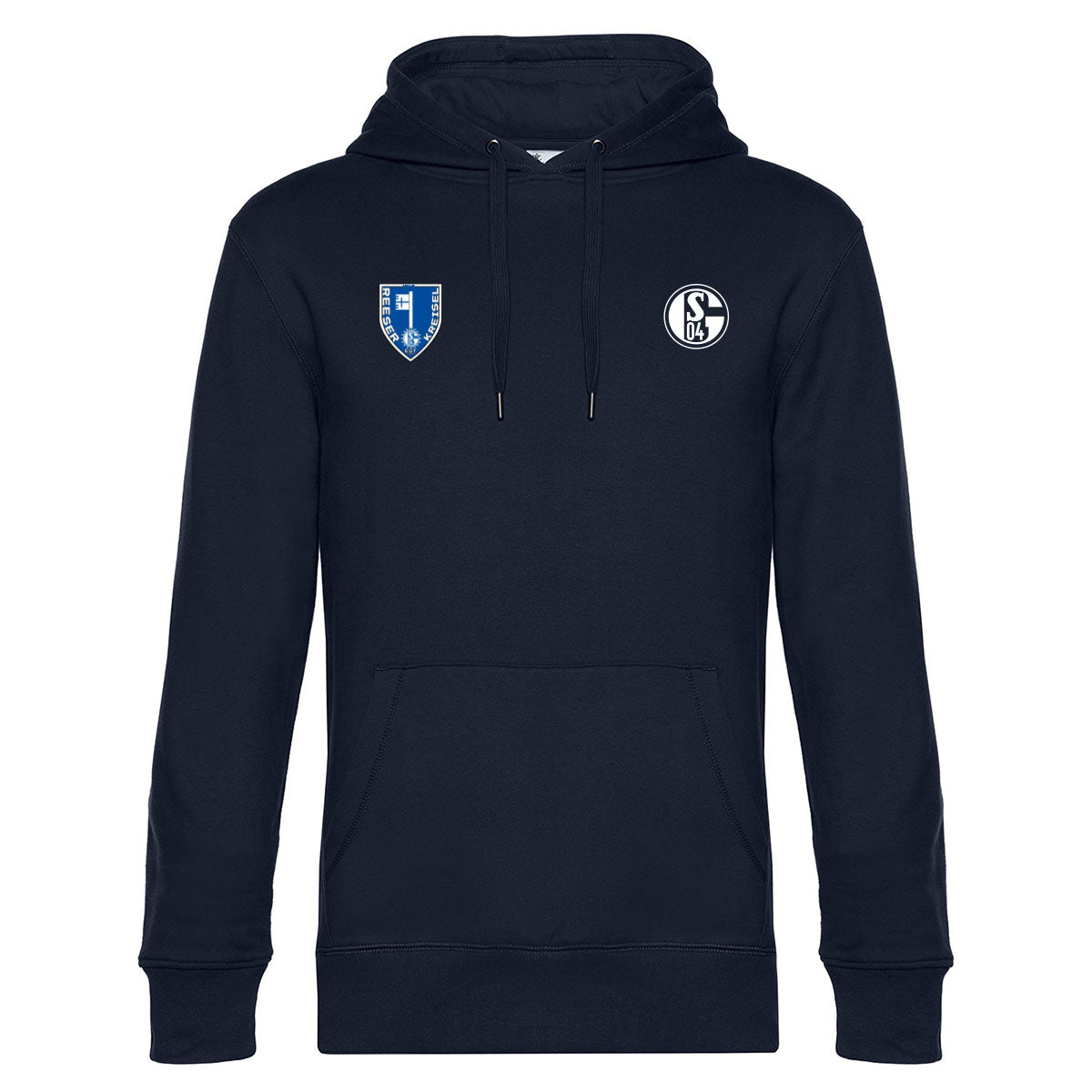 Dunkelblauer Kapuzenpullover mit Kängurutasche und Kordelzug. Rechts auf der Brust das Schalke-Logo ‚S04‘, links daneben ein Wappen-Logo mit der Aufschrift ‚Reeser Kreisel‘.