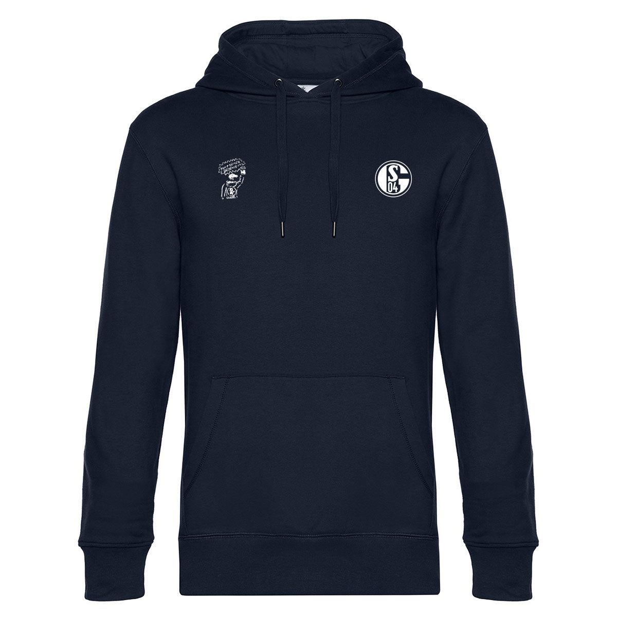 Dunkelblauer Kapuzenpullover mit Kängurutasche und Kordelzug. Auf der rechten Brust ist das Vereinslogo ‚S04‘ zu sehen. Links daneben befindet sich eine Illustration eines Kopfes mit Sprechblase, in der der Text ‚Pappbecher Beyenburg‘ steht.