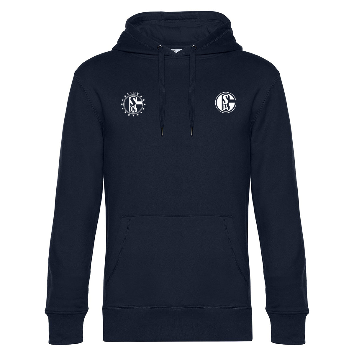 Dunkelblauer Kapuzenpullover mit Kängurutasche und Kordelzug. Rechts auf der Brust das Vereinslogo ‚S04‘, links darüber ein kreisförmiges Emblem mit dem Schriftzug ‚SFCV‘ über dem Schalke-Logo, eingefasst von Sternen.