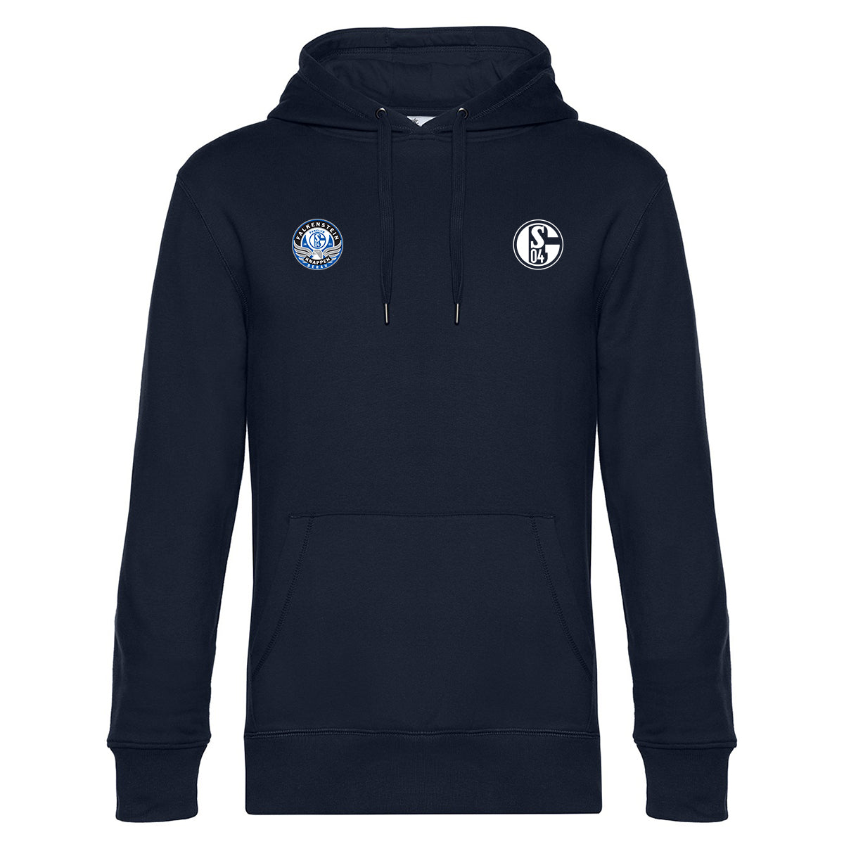 Dunkelblauer Kapuzenpullover mit Kängurutasche und Kordelzug. Auf der rechten Brust befindet sich das Vereinslogo ‚S04‘. Links daneben ein rundes Fanclub-Logo mit der Aufschrift ‚Falkenstein Knappen Berau‘ und Adlergrafik.