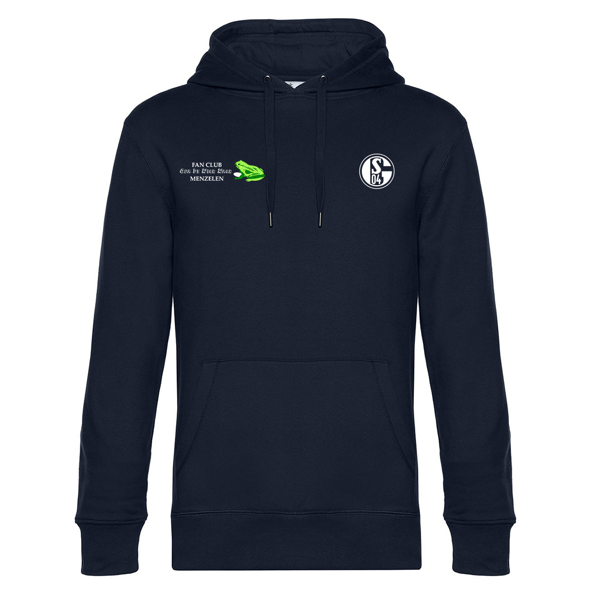 Kapuzenpullover mit Kängurutasche und Kordelzug an der Kapuze. Auf der linken Brust befindet sich ein rundes Vereinslogo mit der Aufschrift ‚S04‘. Links daneben steht der weiße Schriftzug ‚Fanclub QUA DE WICK WACK Menzelen‘ mit einer grünen Frosch-Grafik.