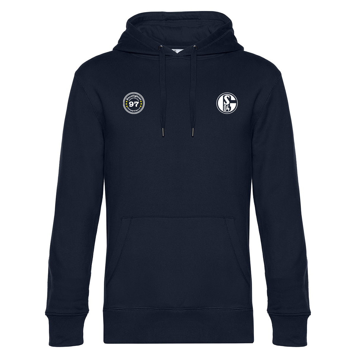 Dunkelblauer Hoodie mit Schalke 04-Logo auf der rechten Brustseite und rundem Fanclub-Logo „Eurofighter 97“ in Blau-Weiß auf der linken Brustseite, Kapuze mit Kordeln und Kängurutasche.