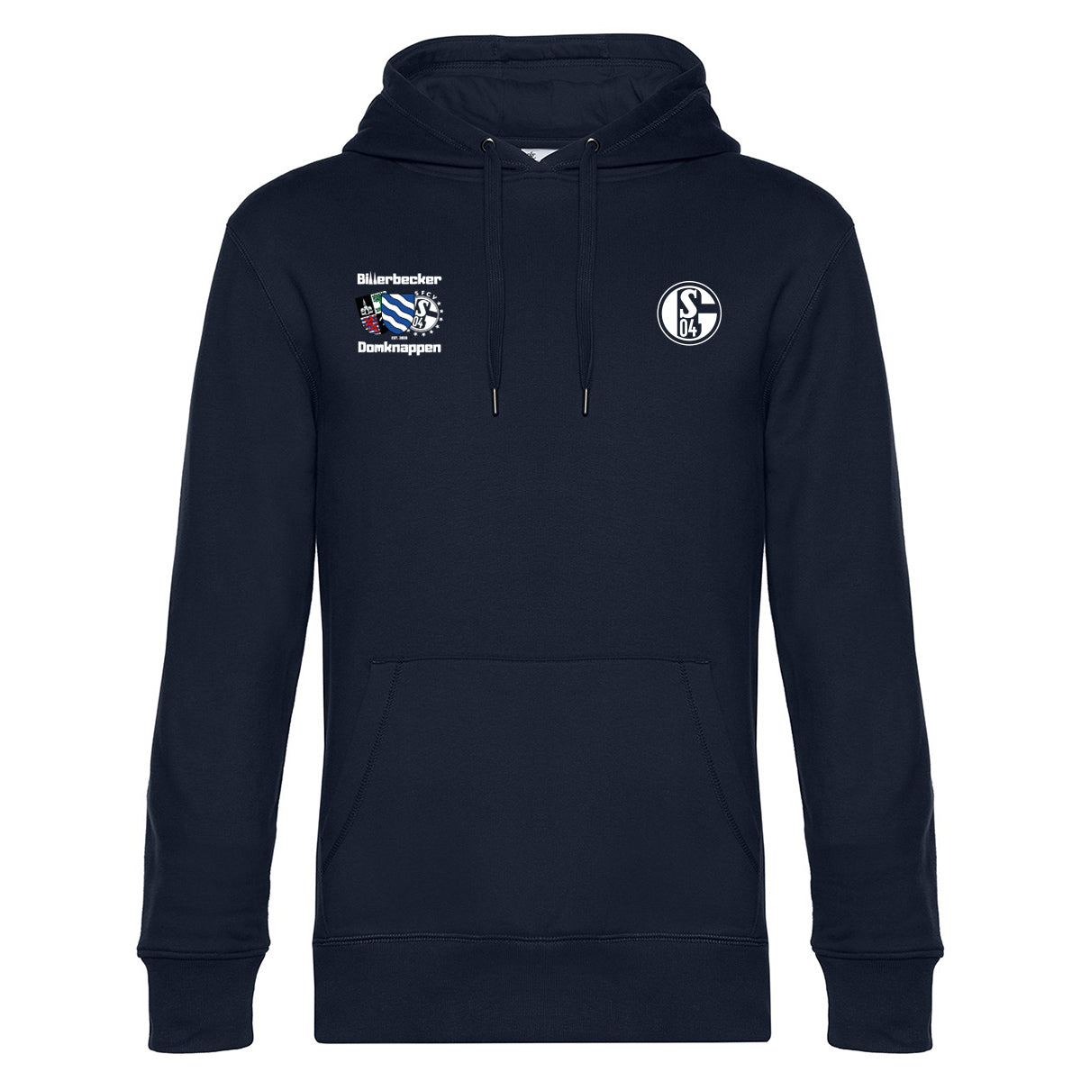 Dunkelblauer Hoodie mit weißem Schalke-Logo auf der rechten Brust und dem Schriftzug Billebecker Domknappen samt farbigem Vereinswappen auf der linken Brust.