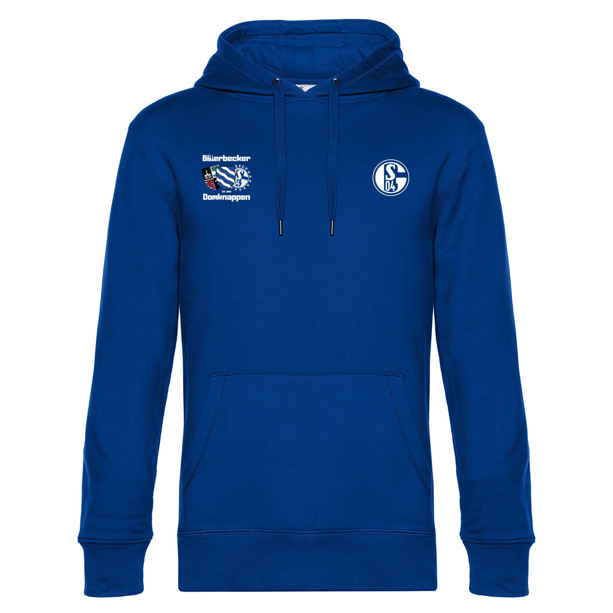 Königsblauer Hoodie mit weißem Schalke-Logo auf der rechten Brust und dem Schriftzug Billebecker Domknappen samt farbigem Vereinswappen auf der linken Brust.