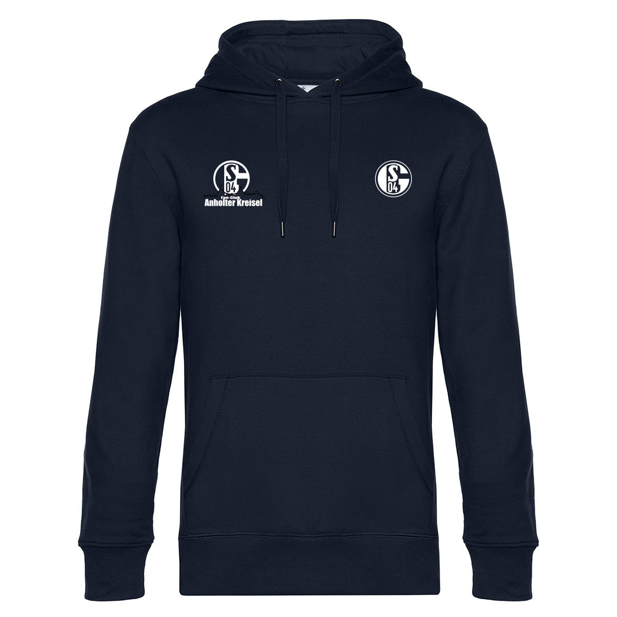 Navy Hoodie Vorderseite: Dunkelblauer Kapuzenpullover mit Kängurutasche und weißen Brustprints. Rechts das Schalke-Logo, links ein weiteres Schalke-Logo mit dem Schriftzug „Anholter Kreisel“.