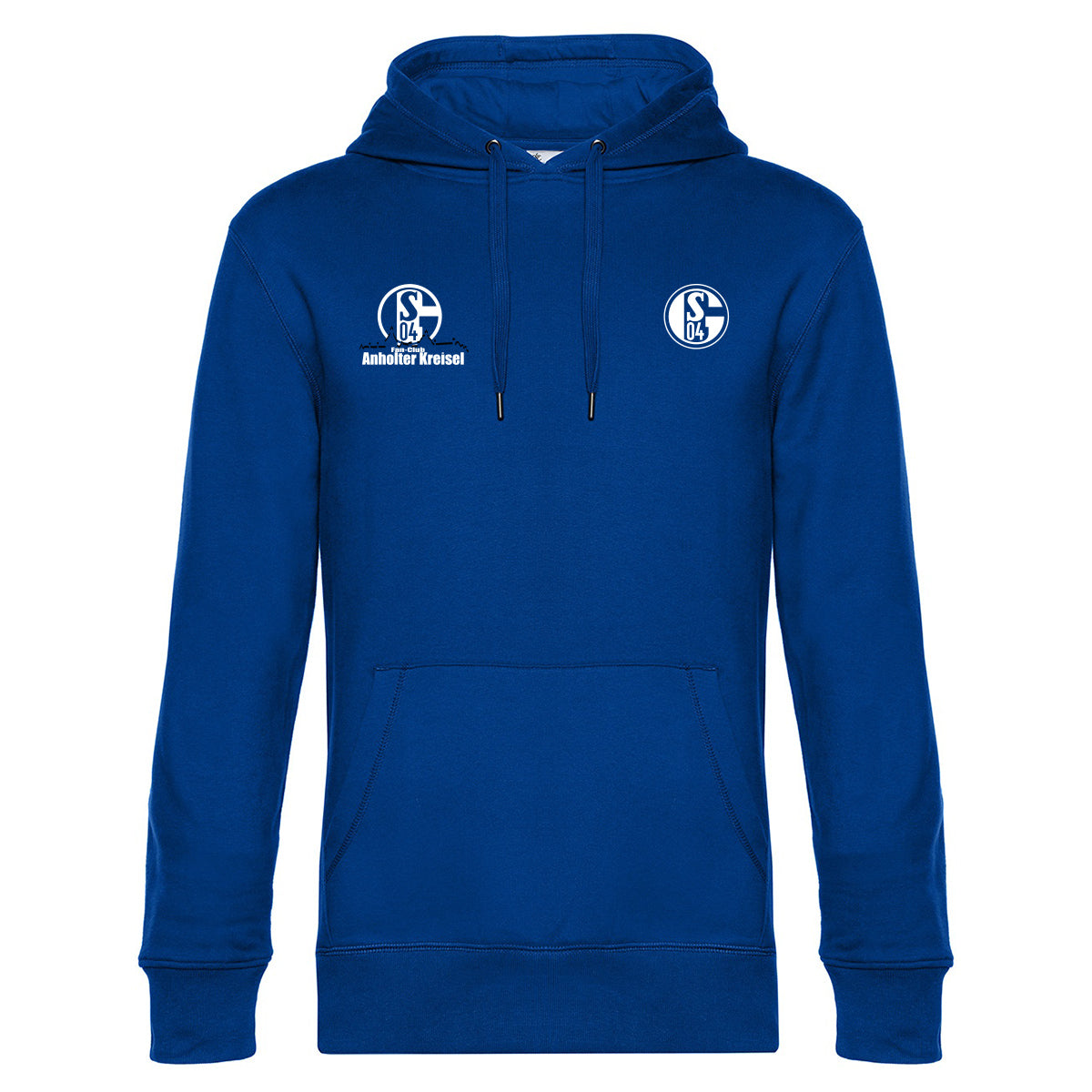 Royalblauer Hoodie Vorderseite: Königsblauer Kapuzenpullover mit Kängurutasche und weißen Brustprints. Rechts das Schalke-Logo, links ein weiteres Schalke-Logo mit dem Schriftzug „Anholter Kreisel“.