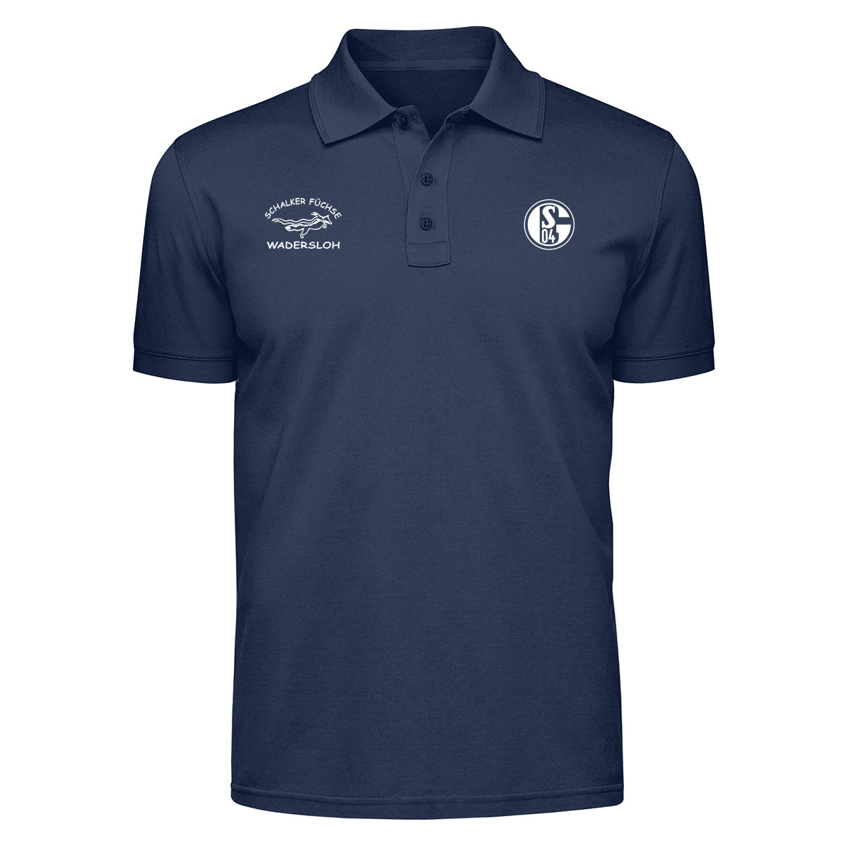 Dunkelblaues Poloshirt mit Knopfleiste und Kragen. Rechts das Vereinslogo ‚S04‘, links der Schriftzug ‚Schalker Füchse Wadersloh‘ mit weißem Fuchs-Logo.