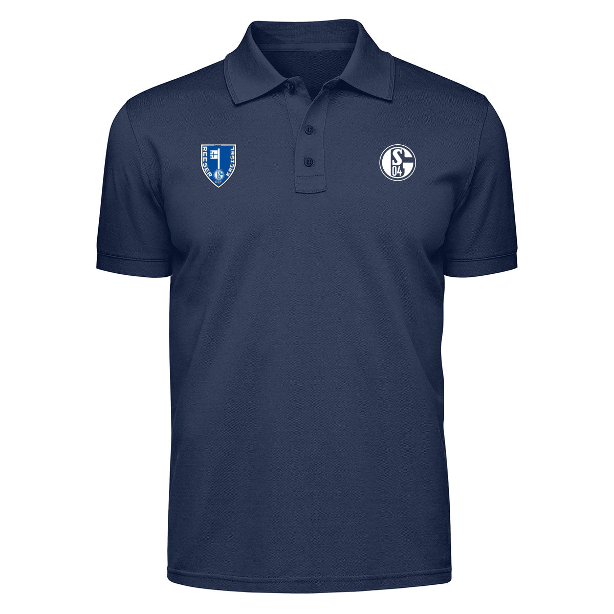 Dunkelblaues Poloshirt mit Kragen und Knopfleiste. Rechts auf der Brust das Schalke-Logo ‚S04‘, links daneben ein Wappen-Logo mit der Aufschrift ‚Reeser Kreisel‘.