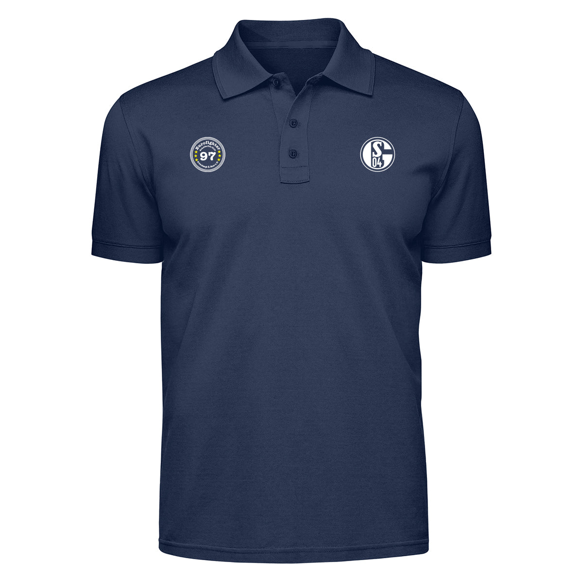 Dunkelblaues Polo-Shirt mit Schalke 04-Logo auf der rechten Brustseite und rundem Fanclub-Logo „Eurofighter 97“ in Blau-Weiß auf der linken Brustseite.