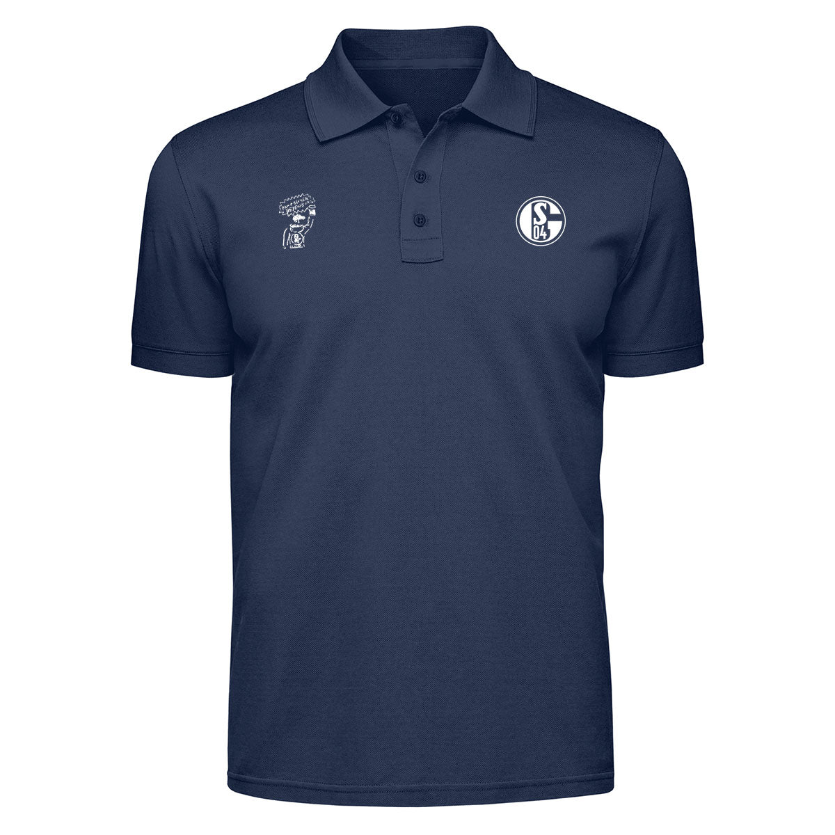 Dunkelblaues Poloshirt mit Kragen und Knopfleiste. Rechts auf der Brust das Vereinslogo ‚S04‘. Links daneben eine Illustration eines Kopfes mit Sprechblase, die den Text ‚Pappbecher Beyenburg‘ enthält.