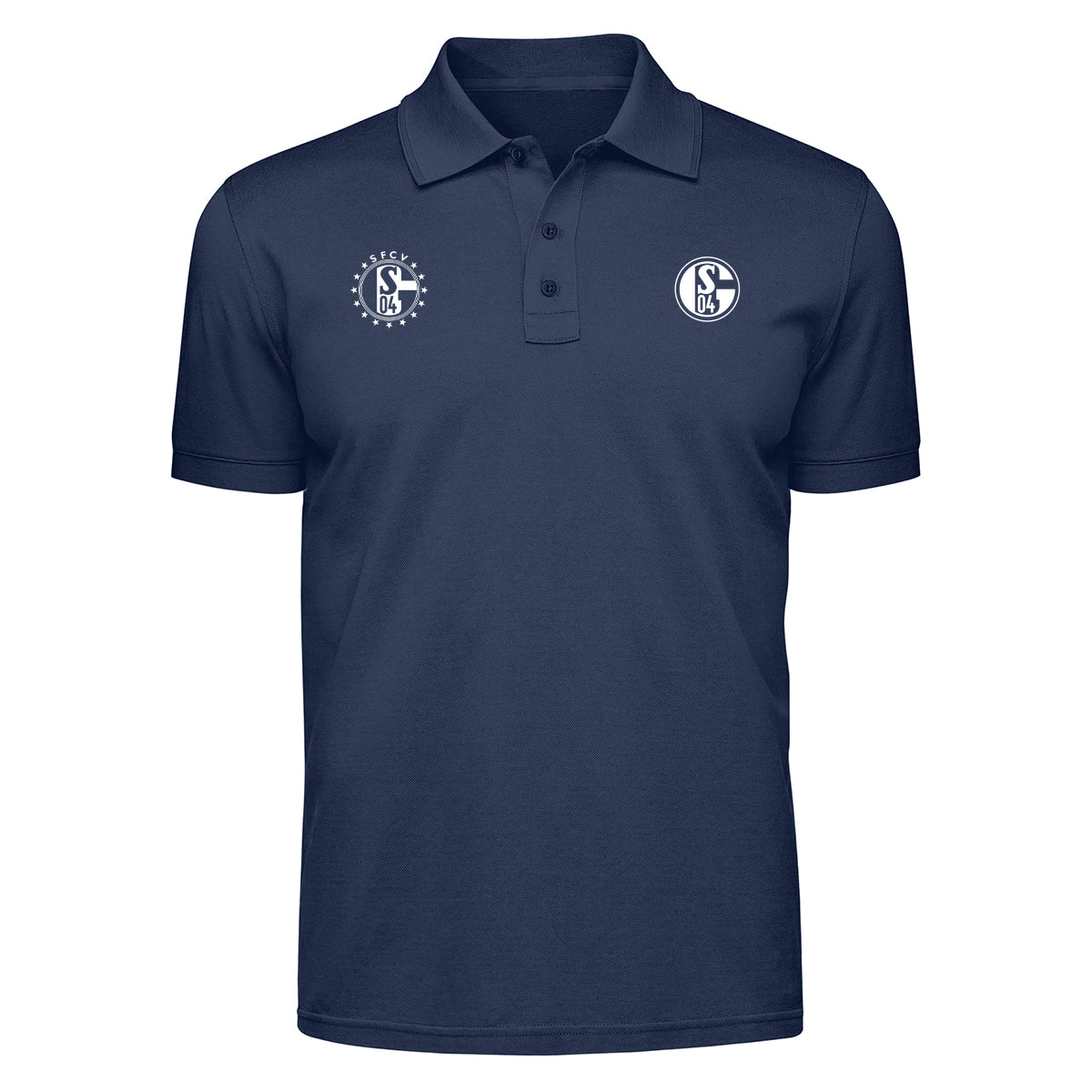 Dunkelblaues Poloshirt mit Kragen und Knopfleiste. Auf der rechten Brust das Vereinslogo ‚S04‘. Links darüber ein kreisförmiges Emblem mit dem Schriftzug ‚SFCV‘ über dem Schalke-Logo, eingefasst von Sternen.