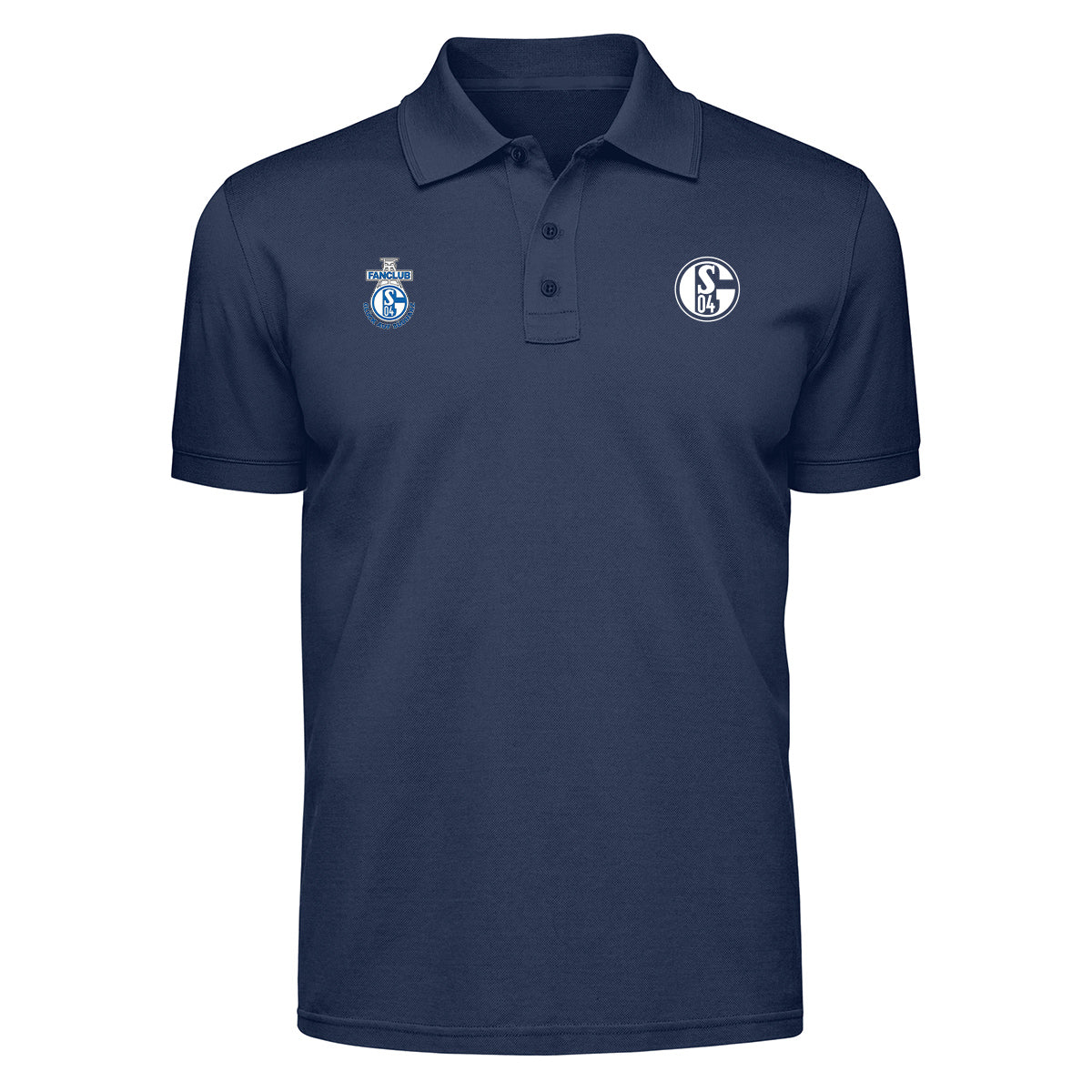 Königsblaues Poloshirt mit Kragen und kurzer Knopfleiste. Auf der rechten Brust befindet sich das Vereinslogo ‚S04‘. Links daneben ein weißes Brustlogo mit dem Schriftzug ‚Fanclub‘ oberhalb und ‚Glück auf Südharz‘ unterhalb des Logos.