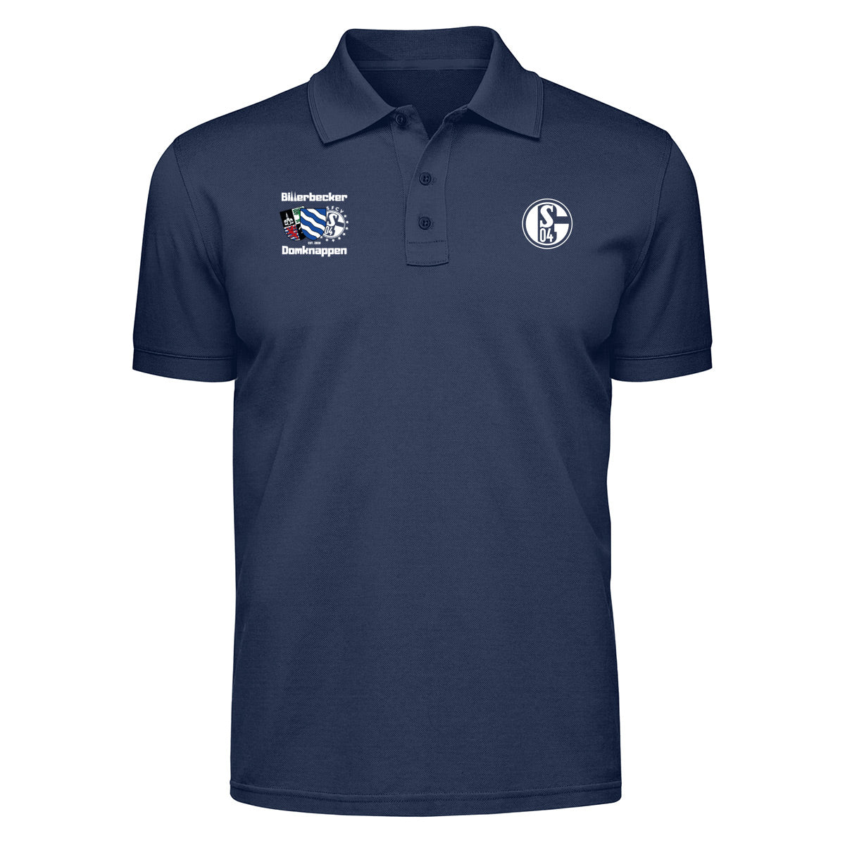 Dunkelblaues Polo-Shirt mit weißem Schalke-Logo auf der rechten Brust und dem Schriftzug Billebecker Domknappen samt farbigem Vereinswappen auf der linken Brust.