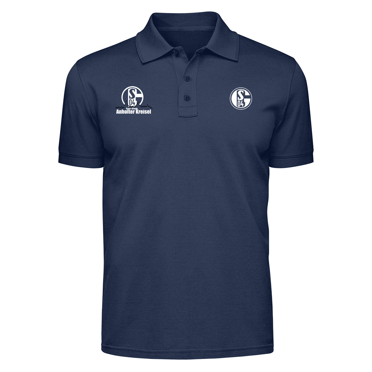 Navy Poloshirt Vorderseite: Dunkelblaues Poloshirt mit Kragen und Knopfleiste. Rechts das weiße Schalke-Logo, links ein weiteres Schalke-Logo mit dem Schriftzug „Anholter Kreisel“.