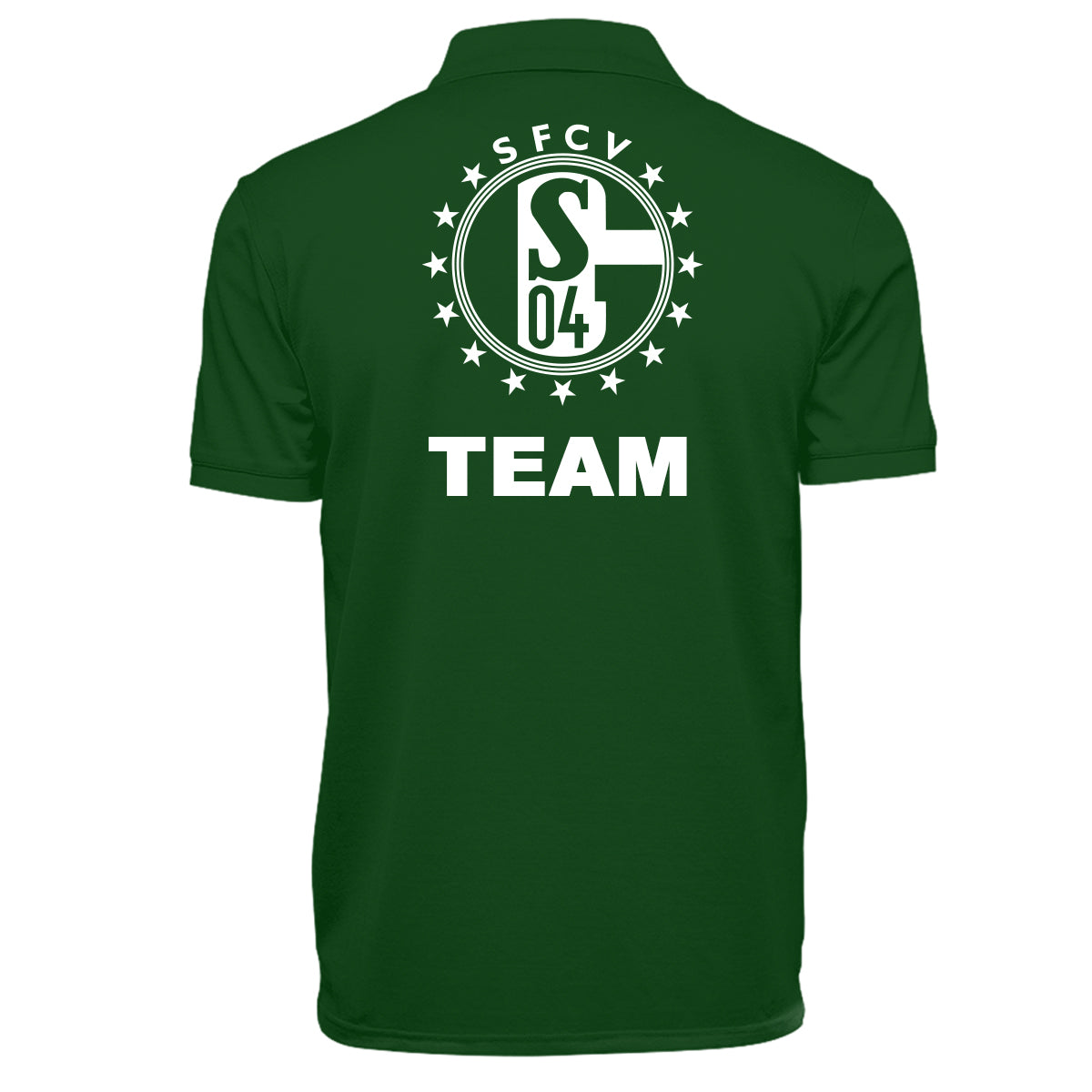 Grünes Polo-Shirt mit großem weißen Rückendruck: mittig zentriertes S04-Logo im Sternenkreis und Schriftzug TEAM darunter.