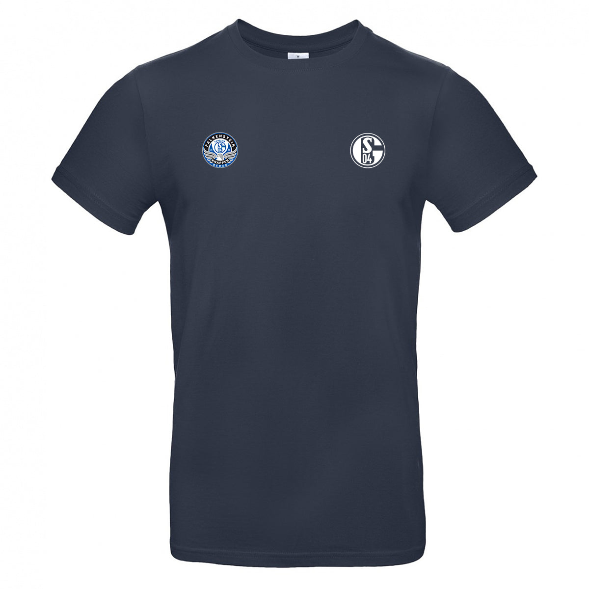 Dunkelblaues T-Shirt mit Rundhalsausschnitt. Rechts auf der Brust das Vereinslogo ‚S04‘. Links daneben ein rundes Fanclub-Logo mit der Aufschrift ‚Falkenstein Knappen Berau‘ und Adlergrafik.